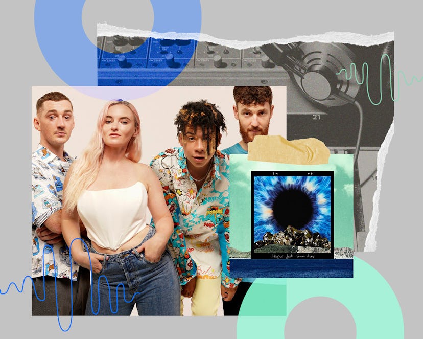 A collage with Grace Chatto and other Clean Bandit's members next to their album cover