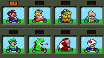 Super Mario Kart's character selection screen. Top level, from left to right: Mario, Peach, Bower, Koopa Troppa. Bottom level: Luigi, Yoshi, Donkey Kong Jr., Toad
