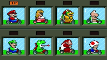 Super Mario Kart's character selection screen. Top level, from left to right: Mario, Peach, Bower, K...