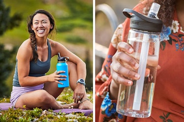 Collage of a woman sitting on the grass, holding a dishwasher-safe water bottle and on a hand holdin...