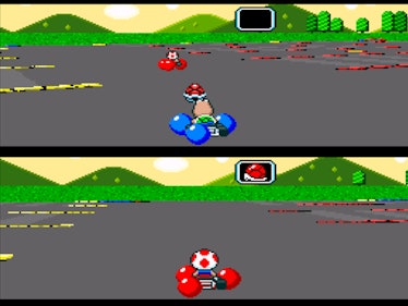Super Mario Kart's Battle mode, with Koopa Troopa on top and Toad on bottom.