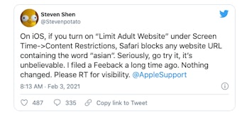 El filtro de contenido para adultos del iPhone bloquea el término de búsqueda «asiático», independientemente del contexto.