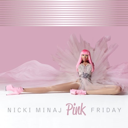 The album cover for Nicki Minaj' 'Pink Friday.' It shows her sitting with no arms and incredibly lon...