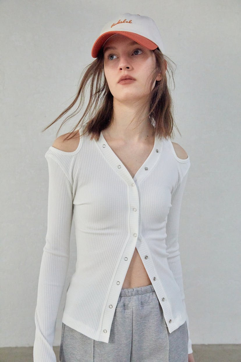 Button Front Cut-Out Ribbed Top