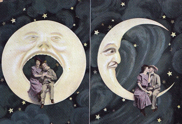 Vintage hand-painted postcard, "Spooning the Moon", 1907