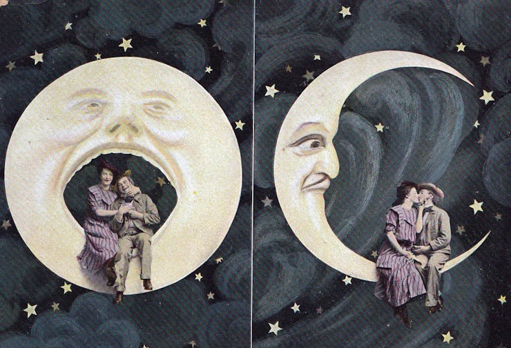 Vintage hand-painted postcard, "Spooning the Moon", 1907