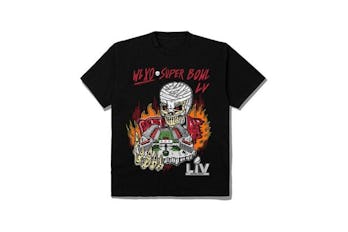 Black tee with bandaged skull overlooking stadium