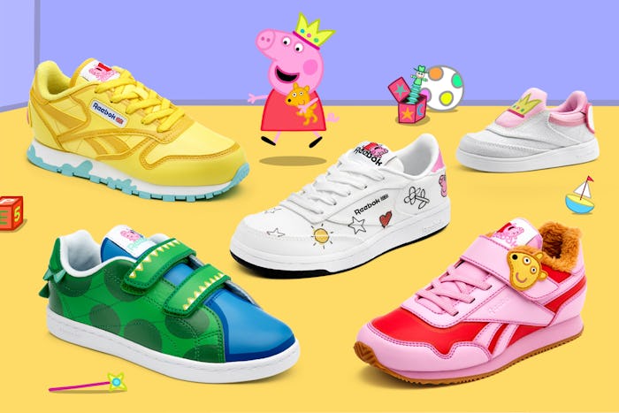 Five pairs of kids sneakers featuring Peppa Pig; siting on yellow and purple backdrop with Peppa car...