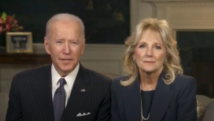 Jill Biden wore her "Mama" necklace in the Super Bowl address, too.