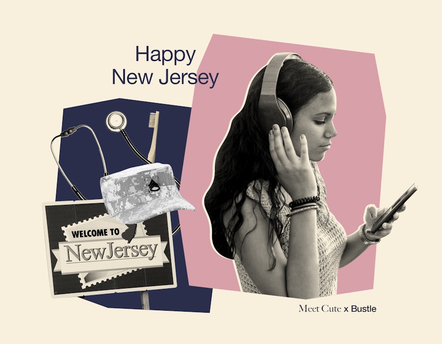 A collage photo of a girl with headphones listening to Nicole and Ashley's Meet Cute "Happy New Jers...