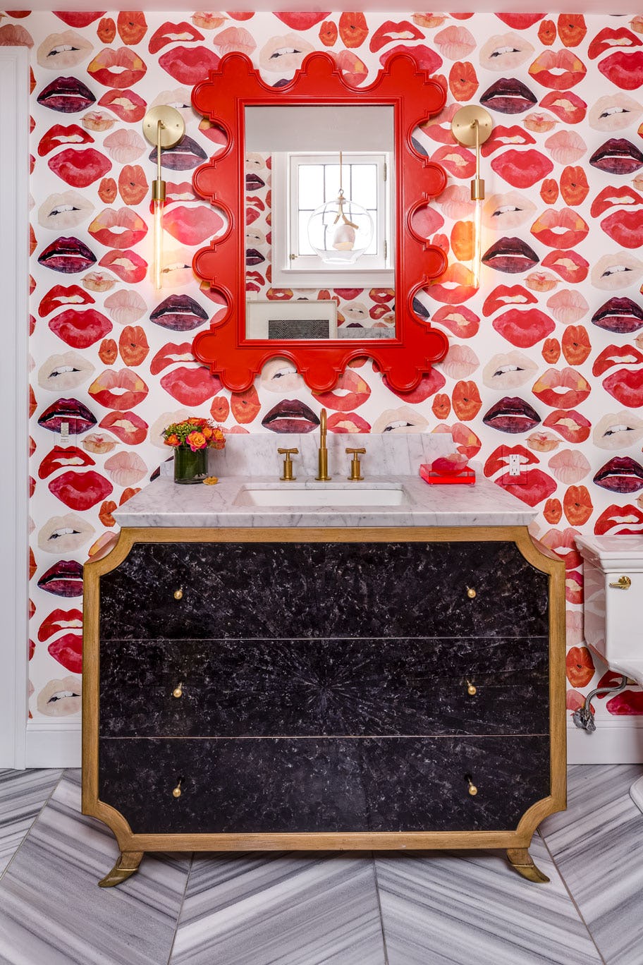 Voutsa Lips on White Wallpaper on Powder Room Walls  Contemporary   Bathroom