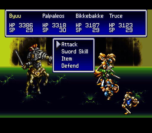 A screenshot of a battle from 'Bahamut Lagoon'