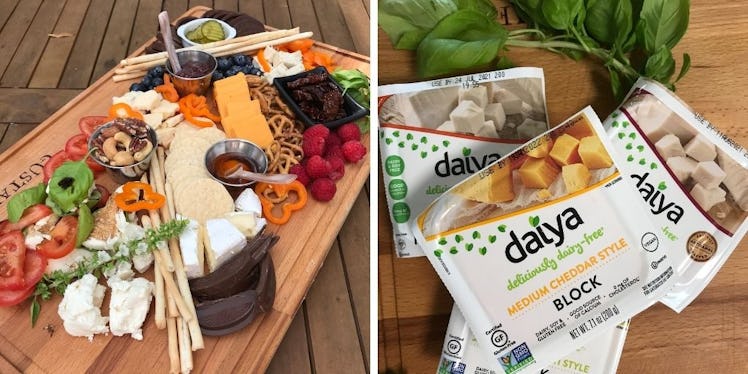 Cheese board with a variety of cheese, chocolate, and veggies and Daiya non-dairy vegan cheese
