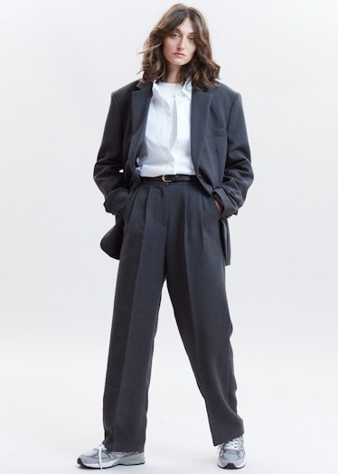 Stretch Waist Belted Suit Pants In Dark Grey Melange