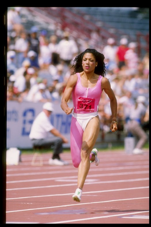 Florence Griffith-Joyner runs down the track during the Olympic Trials on Jul 22, 1988.