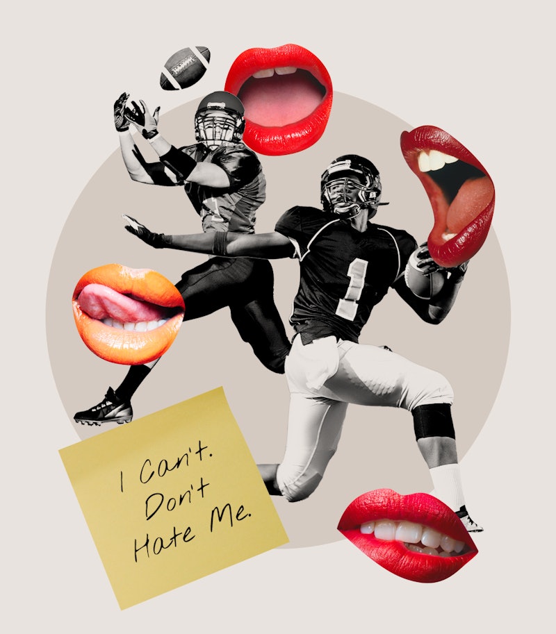 Football players, lips, licking, post-it notes, sexy.