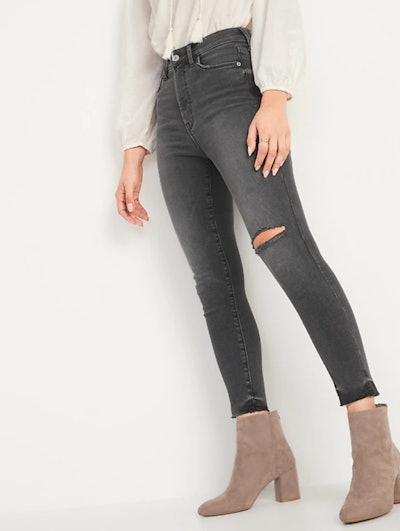Extra High-Waisted Rockstar 360° Stretch Super Skinny Ripped Gray Cut-Off Ankle Jeans for Women