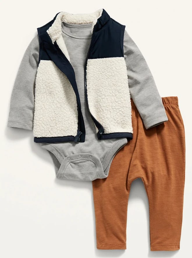 Unisex Sherpa Vest, Bodysuit & Pants 3-Piece Set for Baby