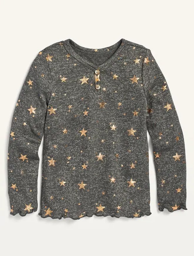 Cozy Plush-Knit Star-Print Henley for Toddler Girls