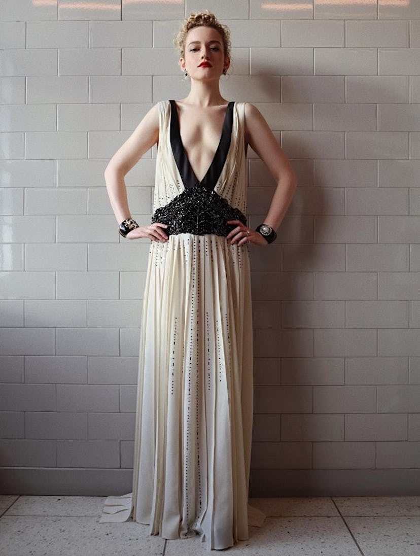 Julia Garner's Prada dress had sheer touches and a plunging neckline.