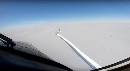A large crack in the Brunt Ice Shelf, as seen from an airplane.