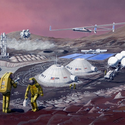 nasa martian habitat illustration domes and astronauts on martian landscape