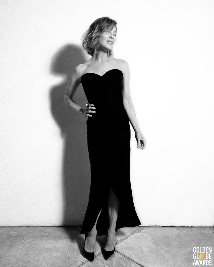 Renée Zellweger in a black Armani Privé dress at the Golden Globes 2021
