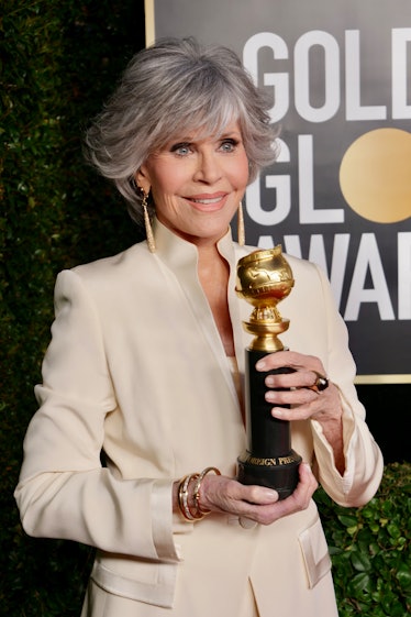 Jane Fonda in a beige suit by Richard Tyler at the Golden Globes 2021