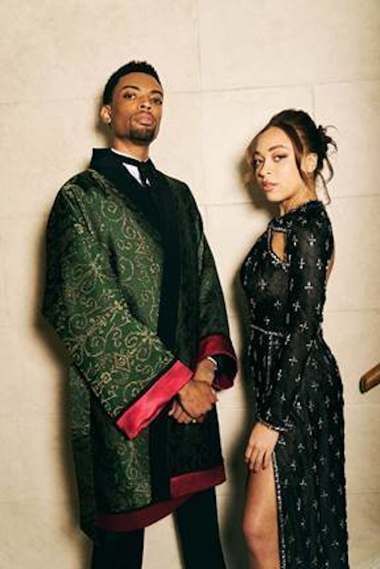 Jackson Lee in a green-red kimono and Satchel Lee in a black floral dress