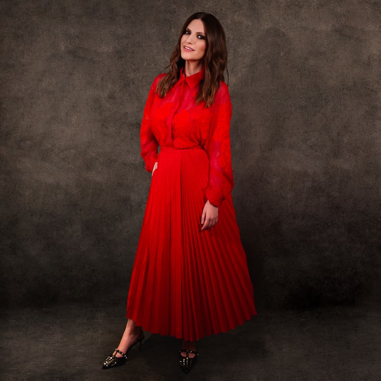 Laura Pausini in a red dress by Valentino at the Golden Globes 2021