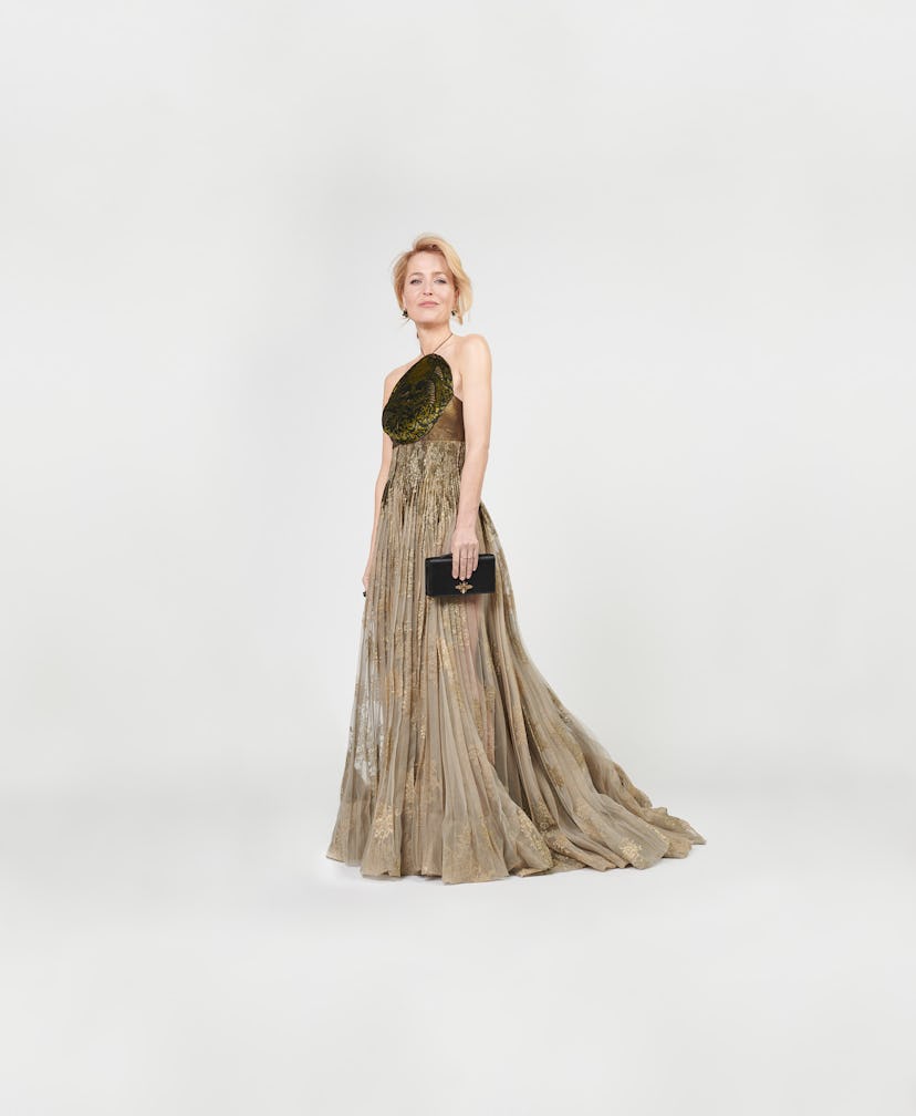Gillian Anderson's floor-length gown was a golden sheer design.