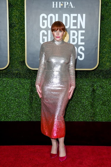 Bryce Dallas Howard in a silver-red sequin Temperly London dress at the Golden Globes 2021