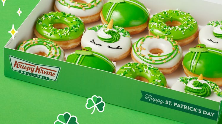 Krispy Kreme St. Patrick's Day 2021 doughnuts include a unicorn option and shamrocks.