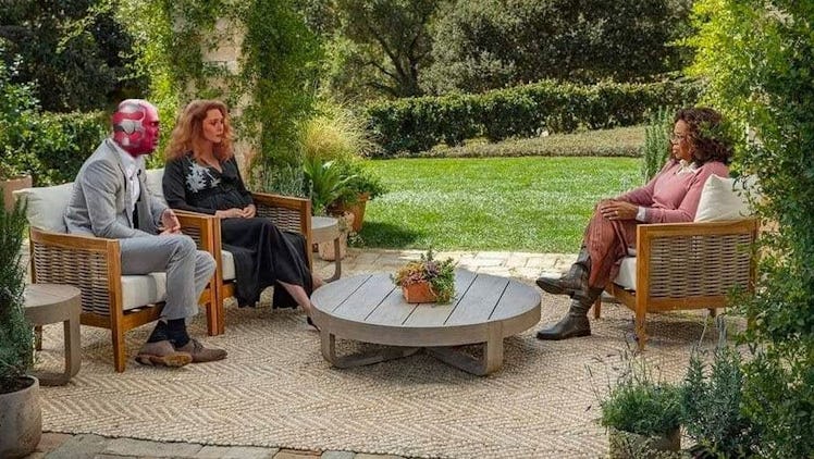 Photoshop of Oprah's interview with Harry & Meghan, replaced with Wanda & Vision