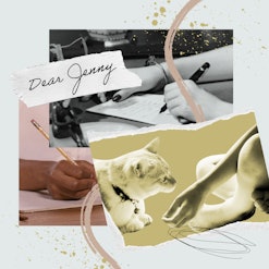 a collage with "Dear Jenny," two hands writing letters, and an image of a small child's hands reachi...