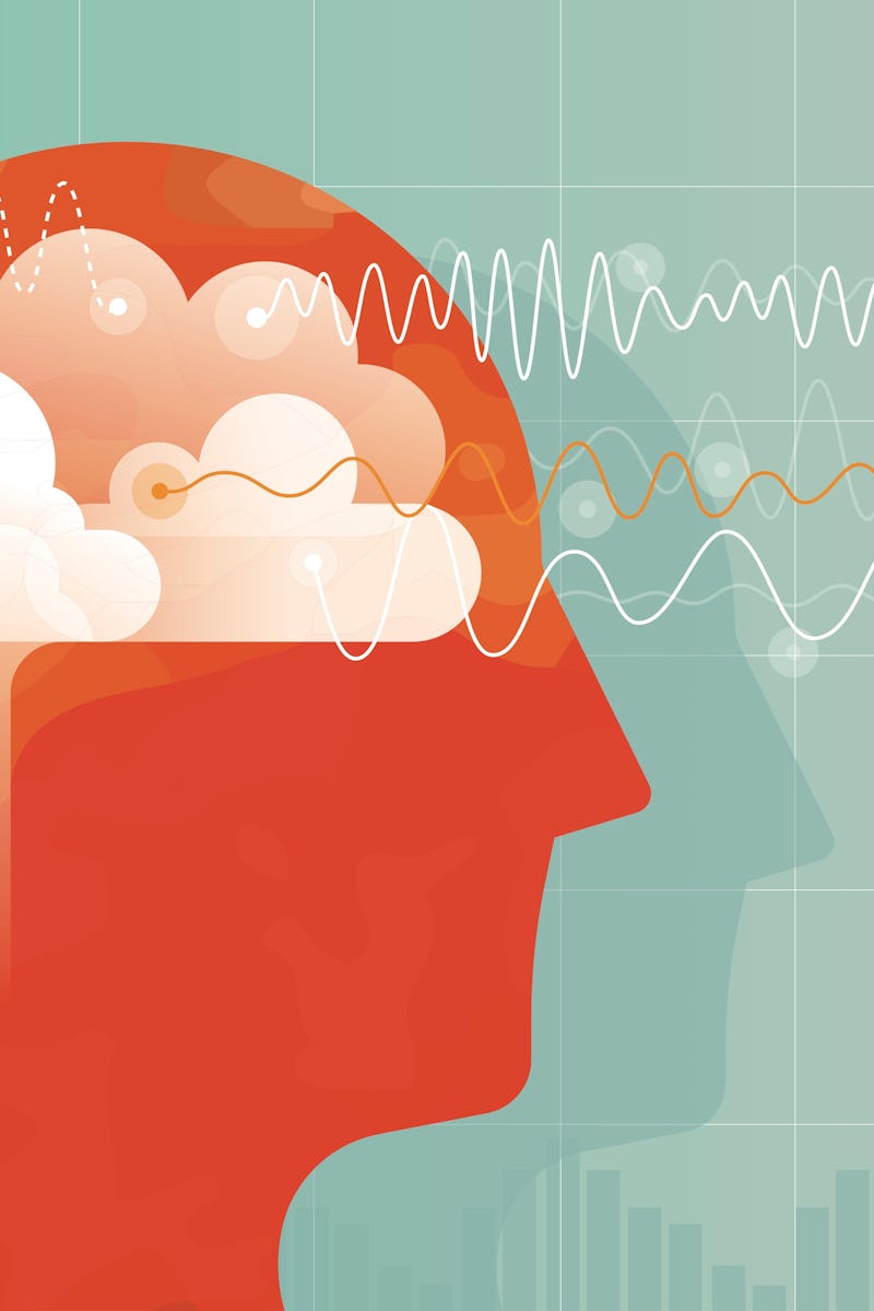 Vector illustration showing orange head with brain and charts of a different brain waves.