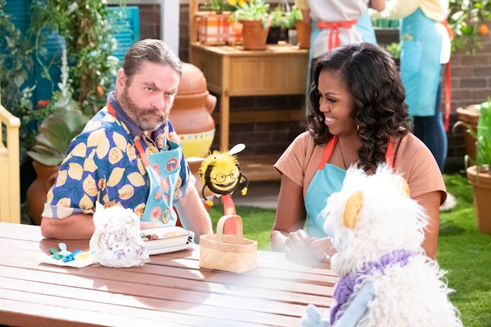 WAFFLES + MOCHI (L to R) ZACH GALIFIANAKIS as GUS, BUSY, MICHELLE OBAMA, and WAFFLES in episode 107 ...