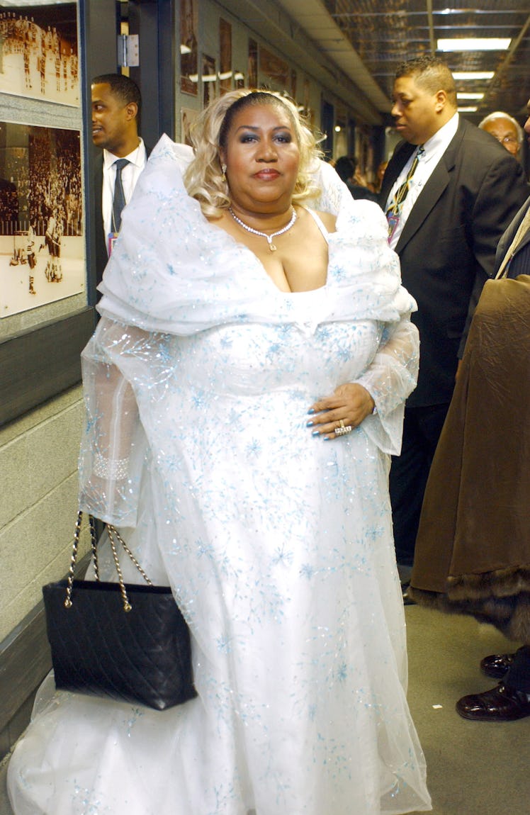 Aretha Franklin in a white gown at the 45th Annual Grammy Awards