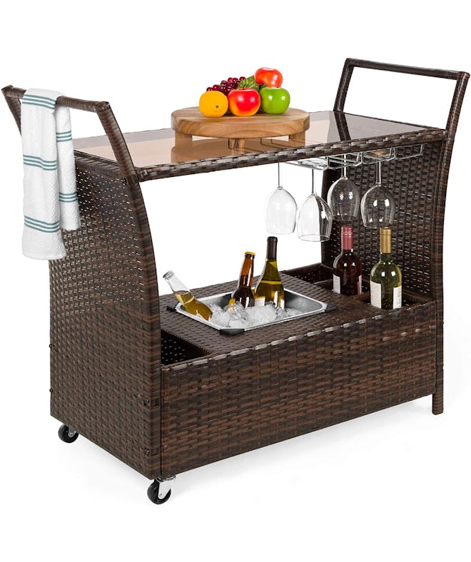 Best Choice Products Outdoor Rolling Wicker Bar Cart