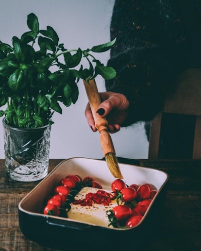 Baked feta in a casserole dish