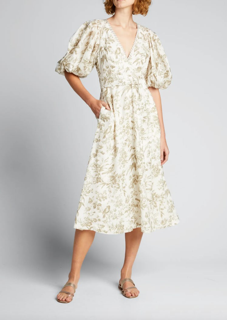Linen Puff-Sleeve Midi Dress