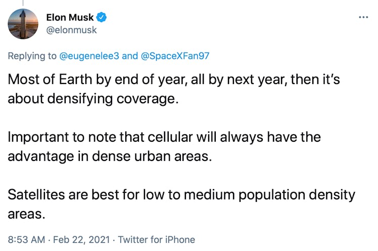 Elon Musk's Twitter post, outlining the company's plans for expanding coverage.