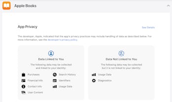 A screenshot for Apple's privacy labels for the Apple Books app. This helps users to see which kind ...