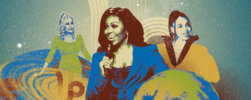 Collage of Capricorn celebrities: Dolly Parton and Wolfie Cindy in the background and Michelle Obama...