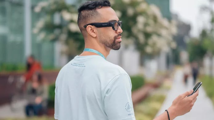 A person wearing a prototype of Facebook’s augmented reality glasses. 
