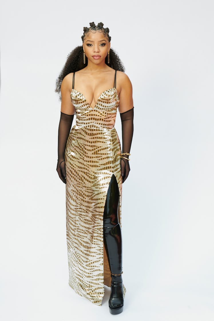 Chloe Bailey wearing a golden zebra print Louis Vuitton dress at the 2021 Grammys