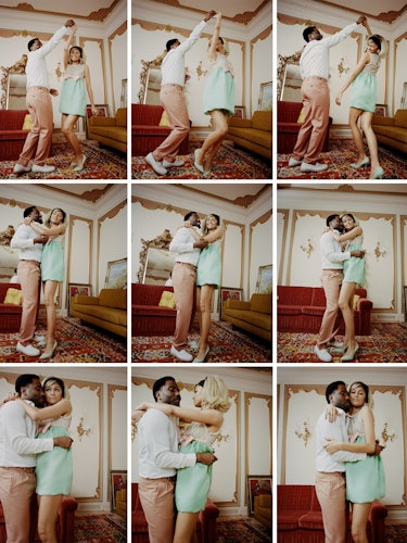 Collage of photos of John David Washington and Zendaya dancing and hugging