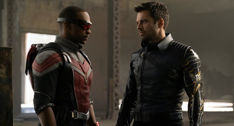 Anthony Mackie as Sam Wilson and Sebastian Stan as Bucky Barnes in Marvel's The Falcon and the Winte...