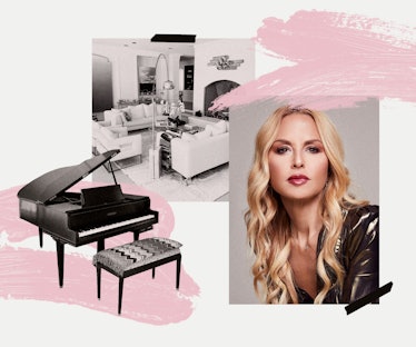 A collage of Rachel Zoe and a grand piano along with a living room with vintage decor