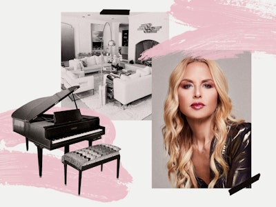 A collage of Rachel Zoe and a grand piano along with a living room with vintage decor